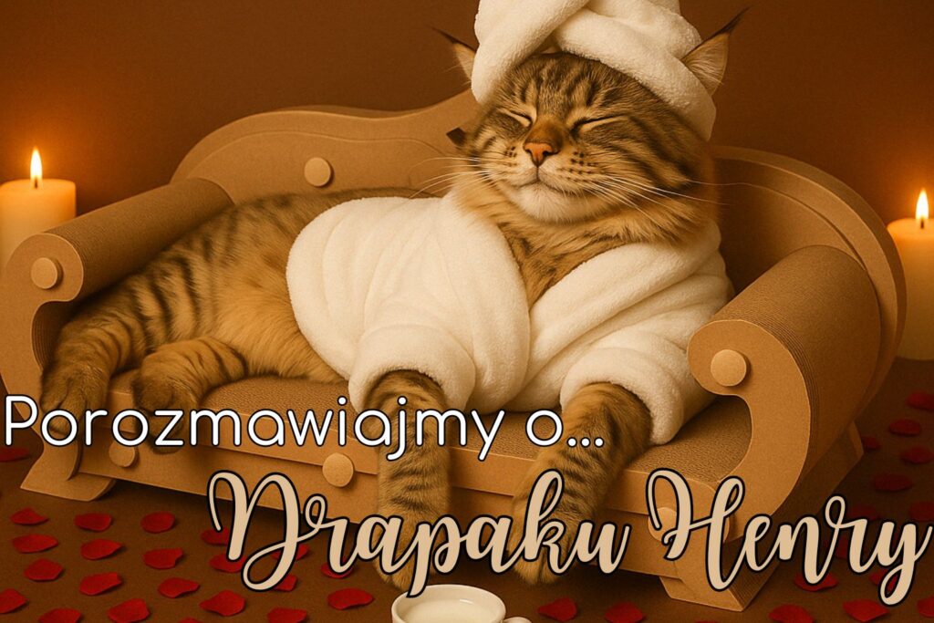 Kot Maine Coon w szlafroku na drapaku Henry, luksusowym drapaku dla kota w kształcie kanapy, w otoczeniu świec i płatków róż.