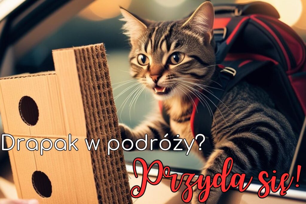 Kot podróżnik wychyla się z okna samochodu i wyciąga łapki po drapak z tektury fallistej.