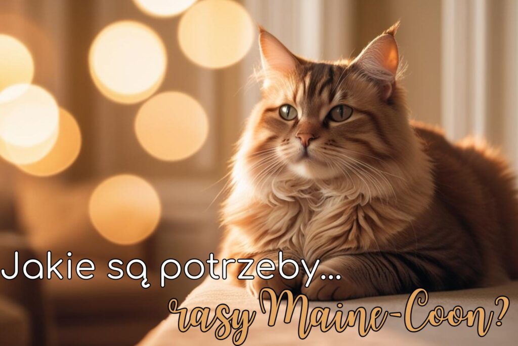 Długowłosy kot Maine Coon leży wygodnie na kanapie w ciepłym, przytulnym wnętrzu. Na zdjęciu widoczne bokeh z żółtych świateł i napis: „Jakie są potrzeby rasy Maine Coon?”
