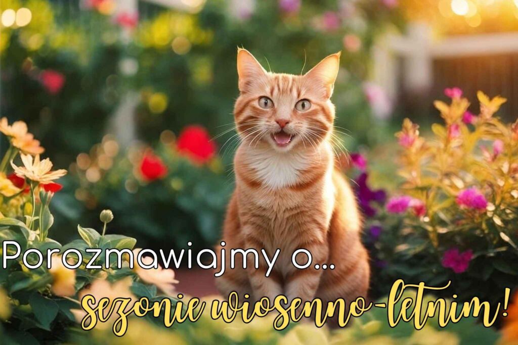 Rudy kot z otwartym pyszczkiem siedzi wśród kolorowych kwiatów na ogrodzie podczas słonecznego dnia. Na dole widoczny napis: „Porozmawiajmy o... sezonie wiosenno-letnim!”.