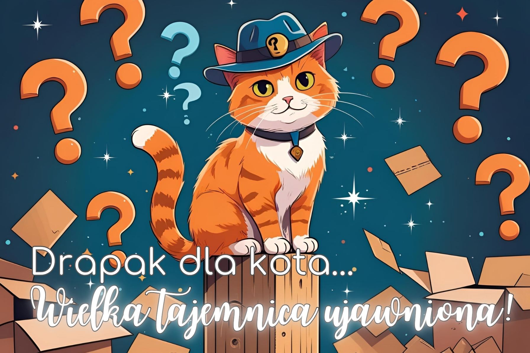 Kot detektyw na drapaku, otoczony znakami zapytania - tajemnica kociego drapaka.