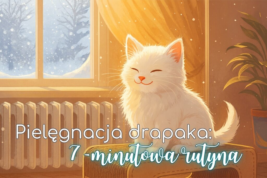 Biały kot siedzący szczęśliwie na kartonowym drapaku przy grzejniku, za oknem zima i padający śnieg.