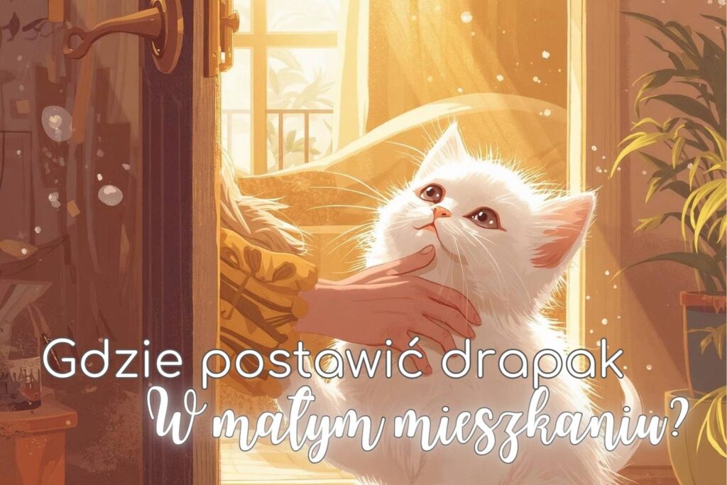 Ilustracja białego kota w małym mieszkaniu, przy drzwiach wejściowych, w ciepłym świetle dnia — grafika tytułowa artykułu: Gdzie postawić drapak w małym mieszkaniu?